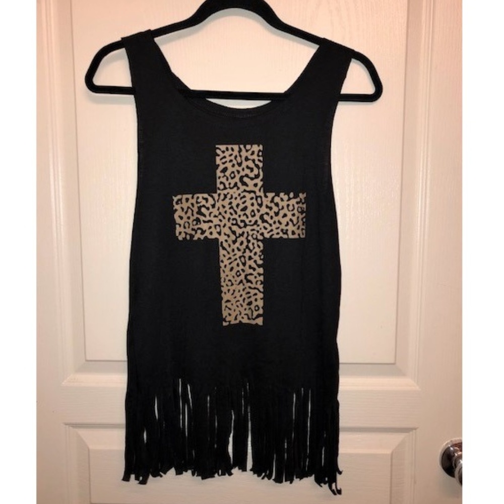 Festival Cheetah Black Fringe Sleeveless Tank Top
